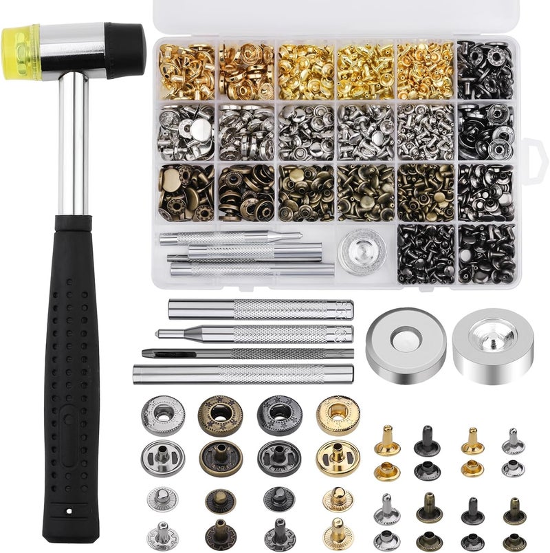 Yizzvb 320 Pcs Leather Rivets Kit, 60 Pcs Leather Snap Fasteners, 2 Size Double Cap Rivets Tubular, Double-Sided Nylon Hammer Fixing Tool Kit, Installation Tools for DIY Projects, Shoes and Repair - Image 1